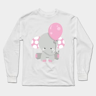 Elephant With Balloon, Cute Elephant - Pink Gray Long Sleeve T-Shirt